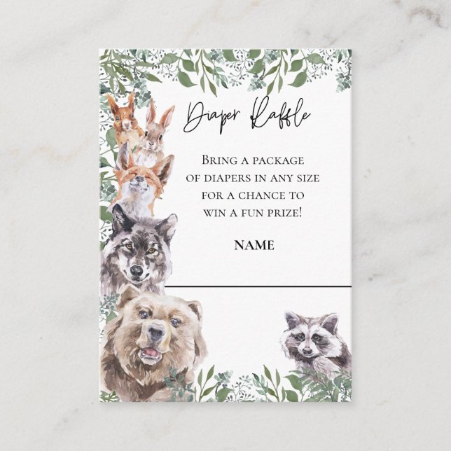 Tarjeta De Recepción Diaper Raffle Woodland Animals Baby Shower Forest (Anverso)