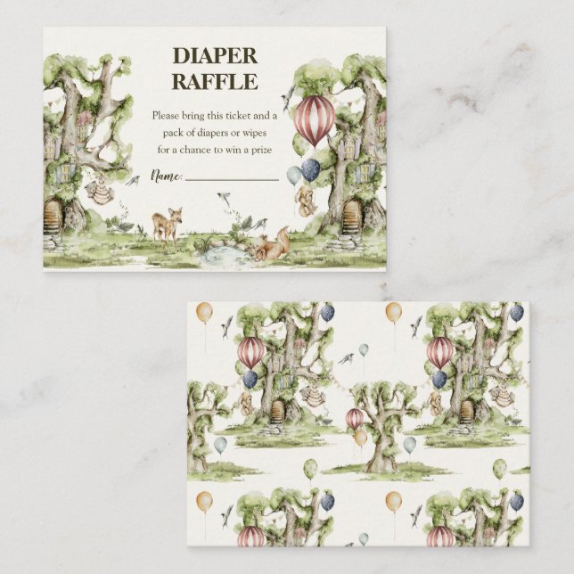 Tarjeta De Recepción Diaper Raffle Woodland Animals Watercolor Shower (Anverso / Reverso)