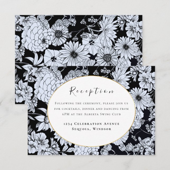 Tarjeta De Recepción Dibujo de flores, flores negras y blancas (Anverso / Reverso)