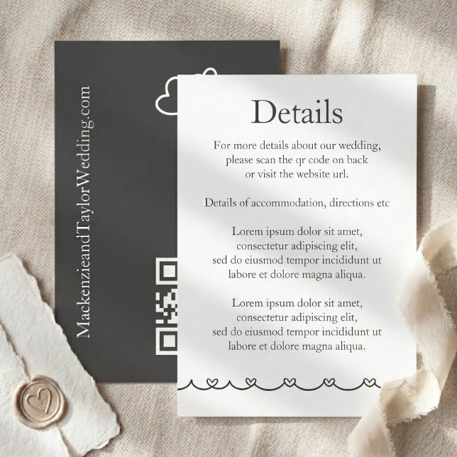Tarjeta De Recepción Dibujos caprichosos de boda grises y blancos (Wedding Whimsical Doodles Grey and White Enclosure Card by Ricaso. Love heart detail direction etc)