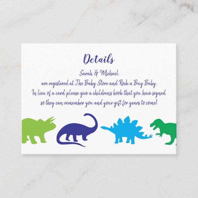 Tarjeta De Recepción Dinosaurio lindo Baby Shower Dino Blue and Green B (Anverso)