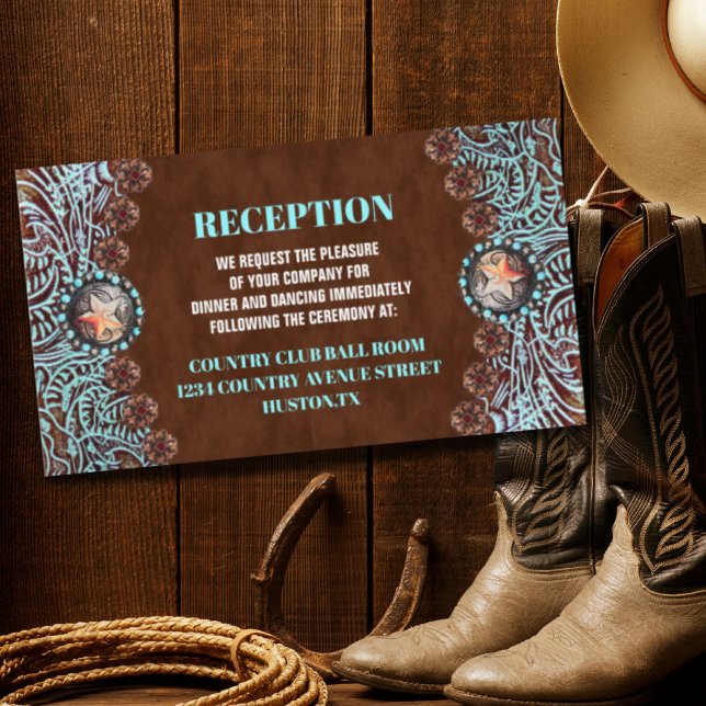 Tarjeta De Recepción dirección boda occidental del país marrón turquesa (turquoise brown country western wedding direction enclosure card)