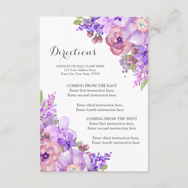 Tarjeta De Recepción Dirección de Boda Floral Lila Púrpura Rústica (Anverso)