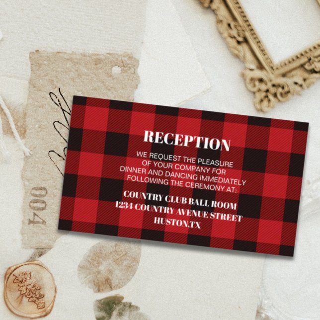 Tarjeta De Recepción dirección de bodas rústicas de invierno de búfalo  (red buffalo plaid rustic winter wedding direction enclosure card)