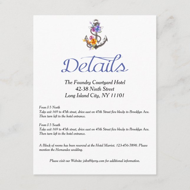 Tarjeta De Recepción Dirección de detalles florales del anclaje náutico (Anverso)