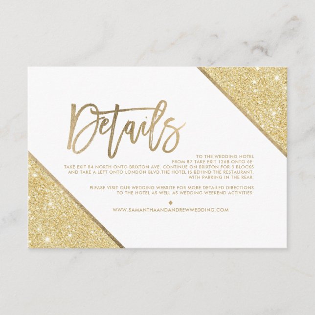 Tarjeta De Recepción Dirección del boda de guiones blancos de purpurina (Anverso)