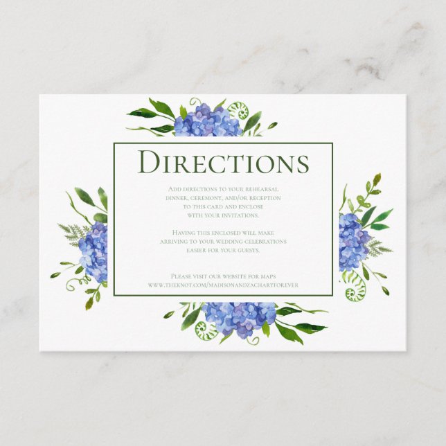 Tarjeta De Recepción Direcciones de acuarela floral de Blue Hydrangeas (Anverso)