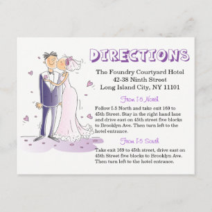 Tarjeta De Recepción Direcciones de Boda Cartoon Novia Novio Púrpura