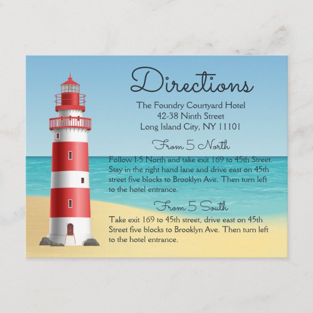 Tarjeta De Recepción Direcciones de Boda del Faro Náutico Playa Océano (Anverso)