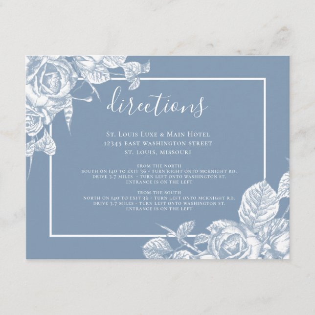 Tarjeta De Recepción Direcciones de Boda Floral Azul Polvoriento (Anverso)