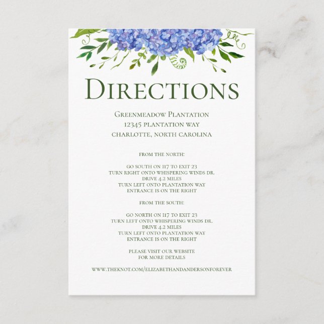Tarjeta De Recepción Direcciones de Boda floral de Blue Hydrangeas (Anverso)