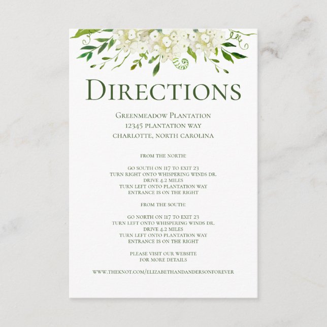 Tarjeta De Recepción Direcciones de Boda floral de Hydrangeas blancas (Anverso)