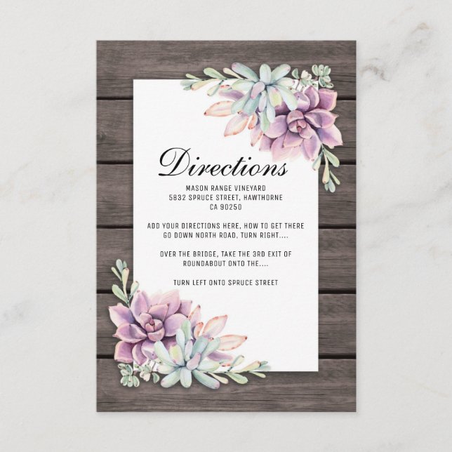 Tarjeta De Recepción Direcciones de Boda Floral Suculento Rústico (Anverso)