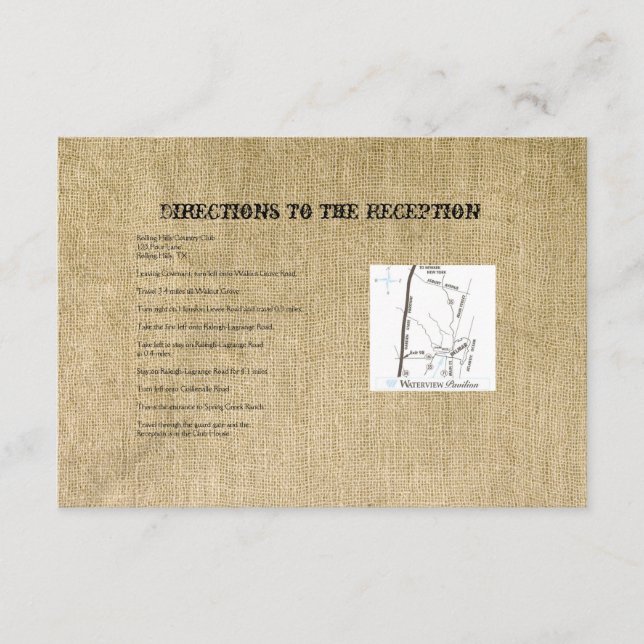 Tarjeta De Recepción Direcciones de Bodas de Burlap Occidental (Anverso)