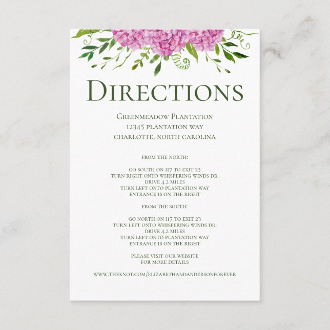 Tarjeta De Recepción Direcciones de casamiento floral de Hydrangeas Ros (Anverso)
