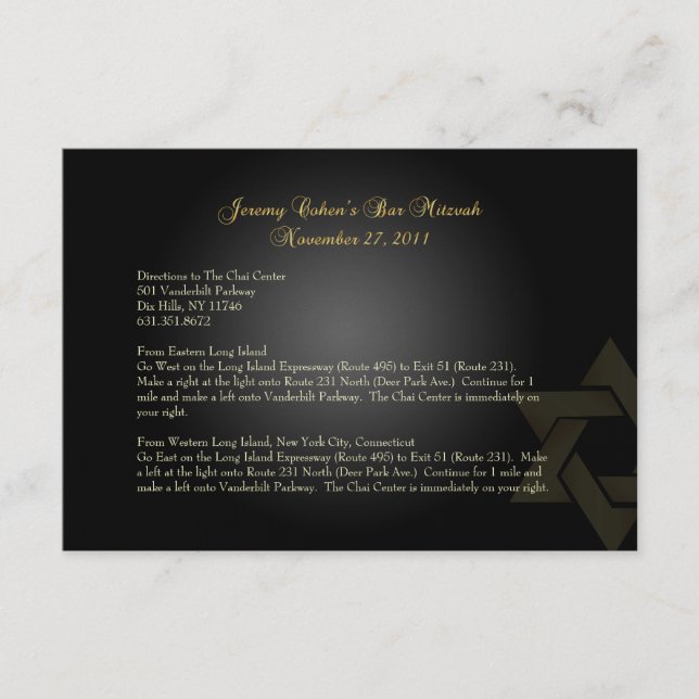 Tarjeta De Recepción Direcciones de PixDezines, Mitzvah Bar/black+gold (Anverso)