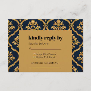 Tarjeta De Recepción Diseño de Motivo Vintage de Damasco Dorado y Azul 