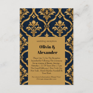 Tarjeta De Recepción Diseño de Motivo Vintage de Damasco Dorado y Azul 