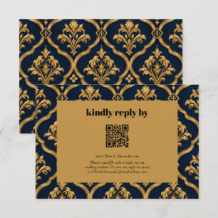 Tarjeta De Recepción Diseño de Motivo Vintage de Damasco Dorado y Azul 