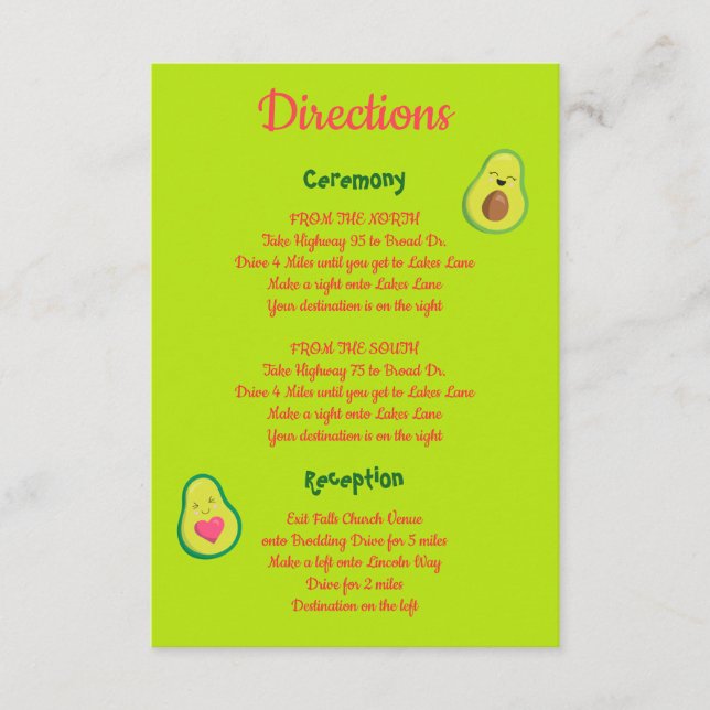 Tarjeta De Recepción Divertidas direcciones de Bodas de aguacates rosad (Anverso)
