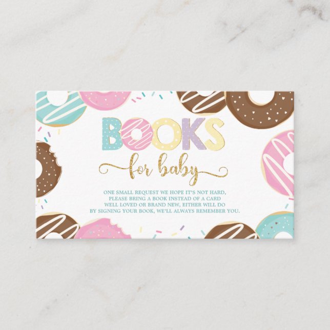 Tarjeta De Recepción Donut Baby Shower Doughnut Chica trae libros (Anverso)
