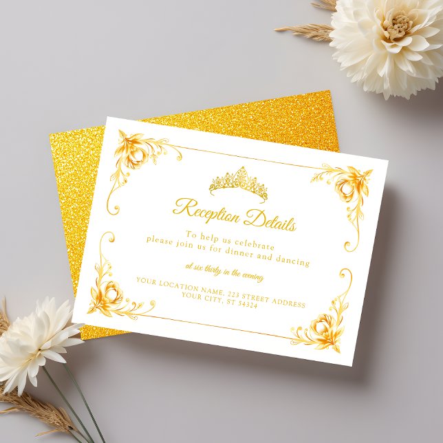 Tarjeta De Recepción Dorado Floral Blanco y Dorado Quinceañera (Subido por el creador)