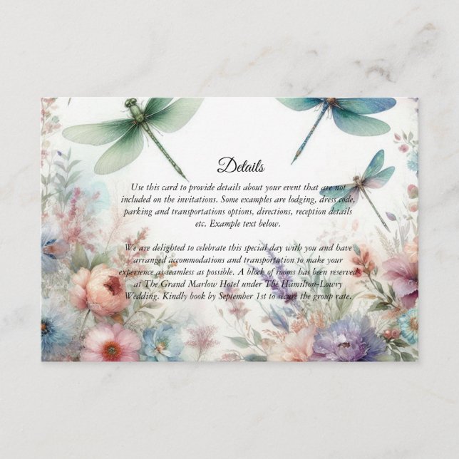 Tarjeta De Recepción Dragonflies and Pastel Florals Enclosure Card (Anverso)