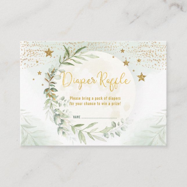 Tarjeta De Recepción Dreamy Greenery Gold Moon & Stars Diaper Raffle (Anverso)