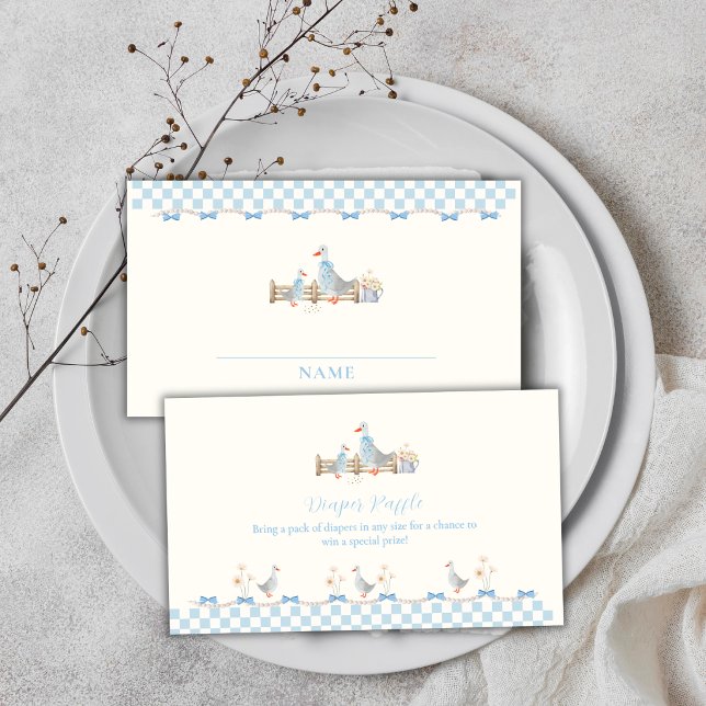 Tarjeta De Recepción Ducha de bebé de ganso de cuadros azules (Blue Gingham Goose Diaper Raffle Baby Shower Enclosure Card)