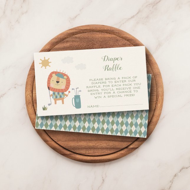 Tarjeta De Recepción Ducha de bebé de golf Rifa de pañales Pequeño putt (Cute golf-themed diaper raffle cards with lion golfer design with coordinating blue argyle back.)