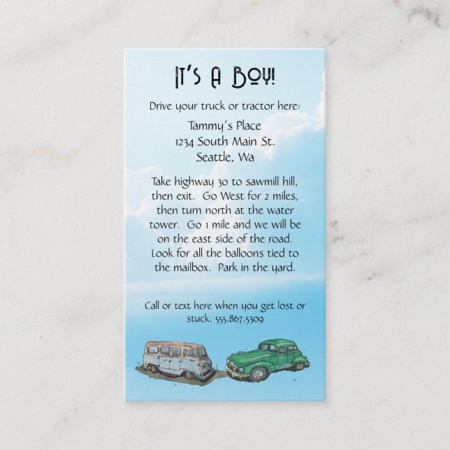 Tarjeta De Recepción Ducha de bebé para un niño, camioneta y sedan (Anverso)