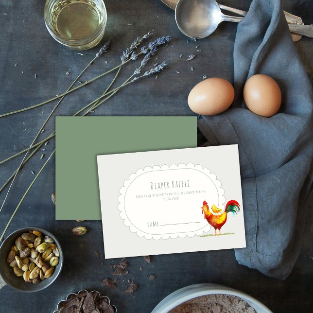 Tarjeta De Recepción Ducha de bebé Suerte Gallo Boho Pollito Pañal (Sage Boho Rooster Chick Diaper Raffle Baby Shower Enclosure Card)