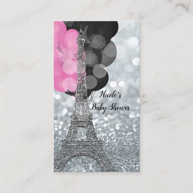 Tarjeta De Recepción Ducha de Bebé Torre Eiffel Brillo Plateado Rifa de (Anverso)