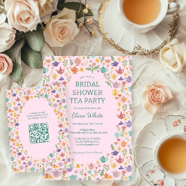 Tarjeta De Recepción Ducha de Novia del Tea Party Código QR PERSONALIZA