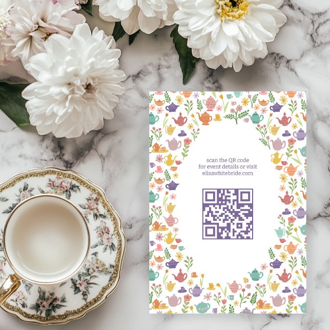 Tarjeta De Recepción Ducha de Novia del Tea Party Código QR PERSONALIZA (Tea Party Bridal Shower Cute CUSTOM QR Code Enclosure Card
)