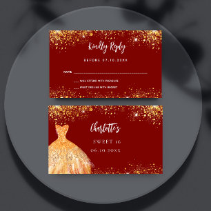 Tarjeta De Recepción Dulce 16 respuesta de vestido dorado rojo RSVP tar