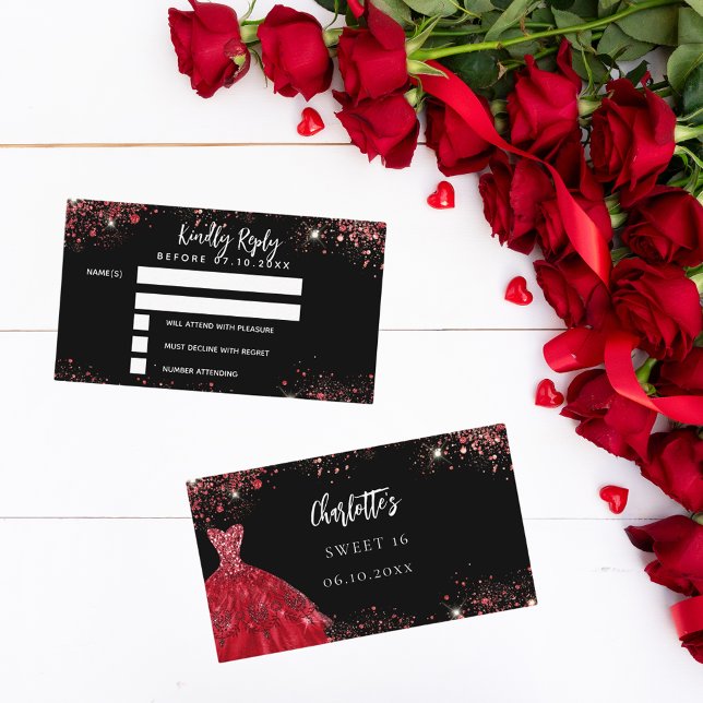 Tarjeta De Recepción Dulce 16 respuesta de vestido rojo negro RSVP tarj (Subido por el creador)