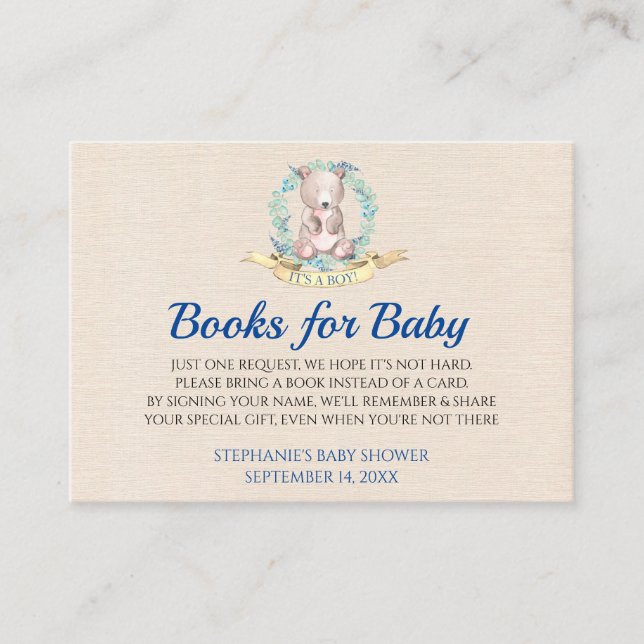 Tarjeta De Recepción Dulce acuarela Teddy Bear Botánico Traer Un Libro (Anverso)