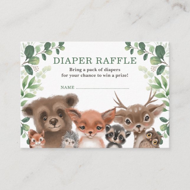 Tarjeta De Recepción Dulce Bosque de Woodland Baby Animales Diaper Raff (Anverso)