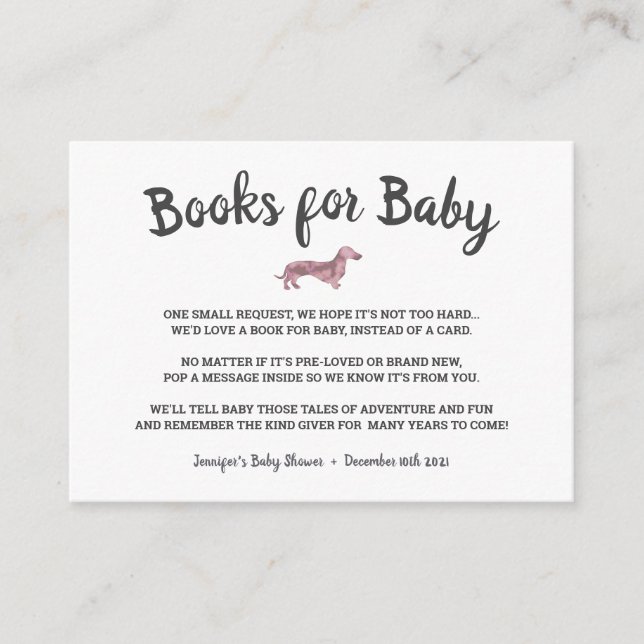 Tarjeta De Recepción Dulce Dachshund Perro Arte Traer Un Libro Baby Sho (Anverso)