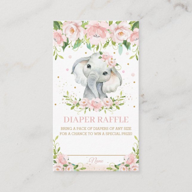 Tarjeta De Recepción Dulce Elefante Rosa Rubor Floral Diaper Raffle (Anverso)
