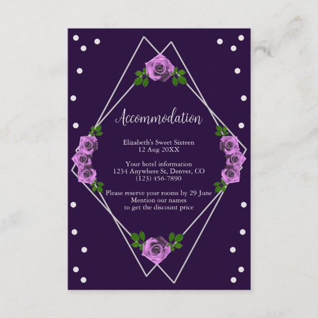 Tarjeta De Recepción Dulce geométrico morado Rosa plateado 16 (Anverso)