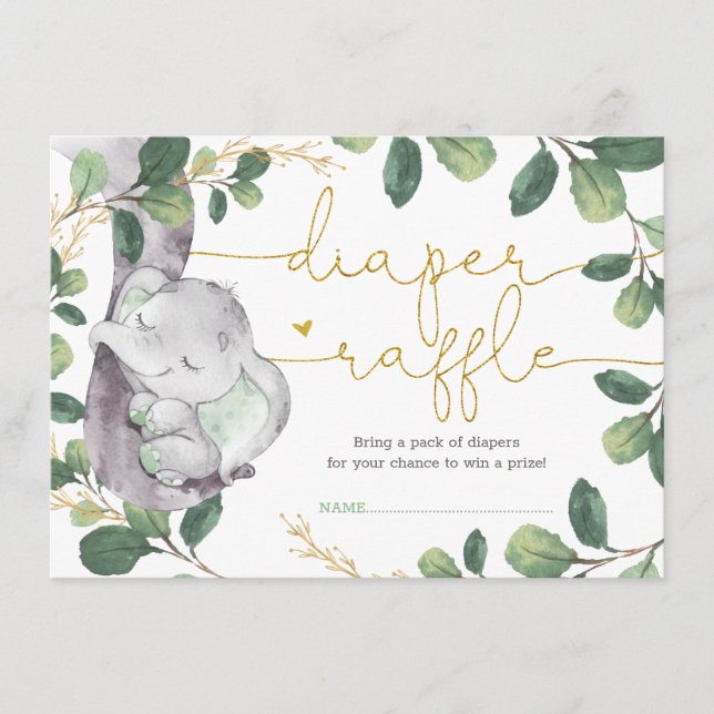 Tarjeta De Recepción Dulce verde Elefante de Oro Diaper Baby Raffle (Anverso)
