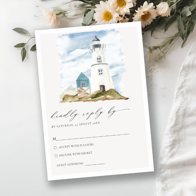 Tarjeta De Recepción Dusky Aqua Lighthouse Mountain Wedding RSVP (Subido por el creador)