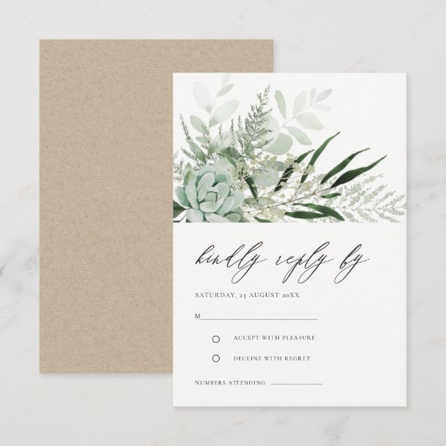Tarjeta De Recepción Dusky Green Leafy Fern Succulent Wedding RSVP (Anverso / Reverso)