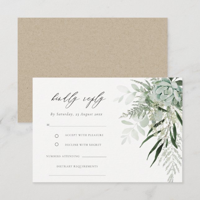 Tarjeta De Recepción Dusky Green Leafy Fern Succulent Wedding RSVP Diet (Anverso / Reverso)