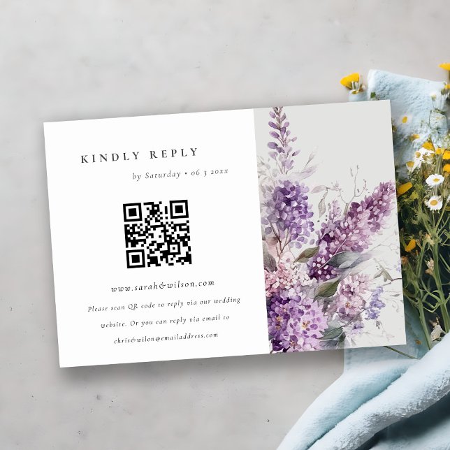 Tarjeta De Recepción Dusky Lilac Boda Floral de algodón QR Código RSVP (Subido por el creador)