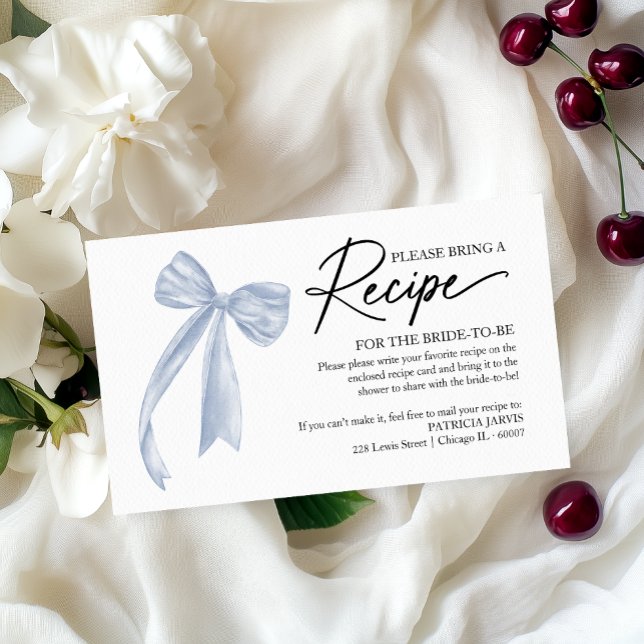 Tarjeta De Recepción Duste Blue Bow Bridal Shower Receta (Subido por el creador)