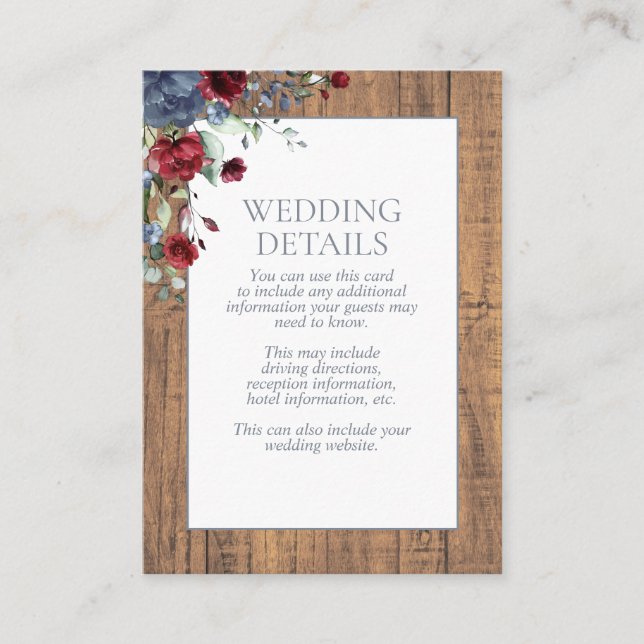 Tarjeta De Recepción Duste Blue Burgundy Floral Lace Wood Detalles (Anverso)