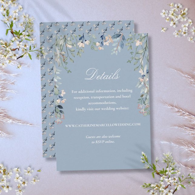 Tarjeta De Recepción Duste Blue Elegent Floral Cascade Bodas Detalles (Dusty Blue Elegant Floral Cascade Wedding Details Enclosure Card)